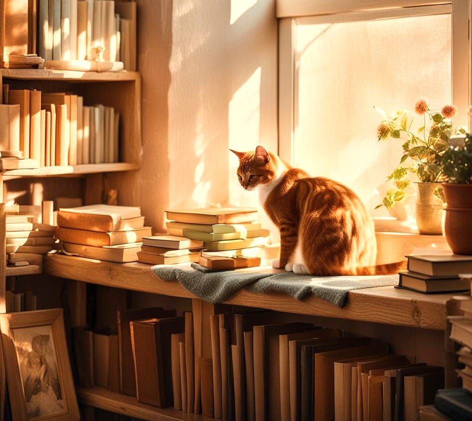 Cat Lounging on Shelf in Sunlight