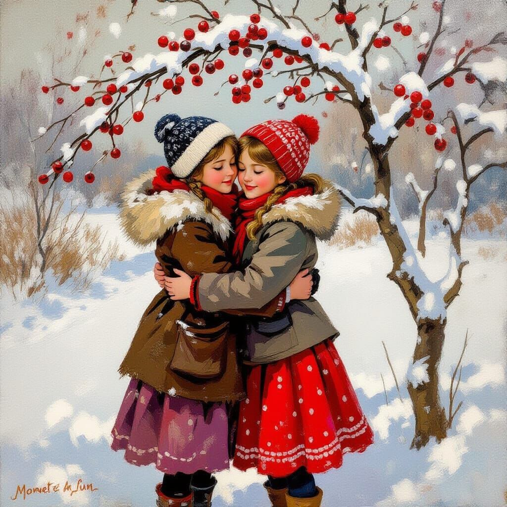 Winter Scene: Two Girls Near Berry Tree