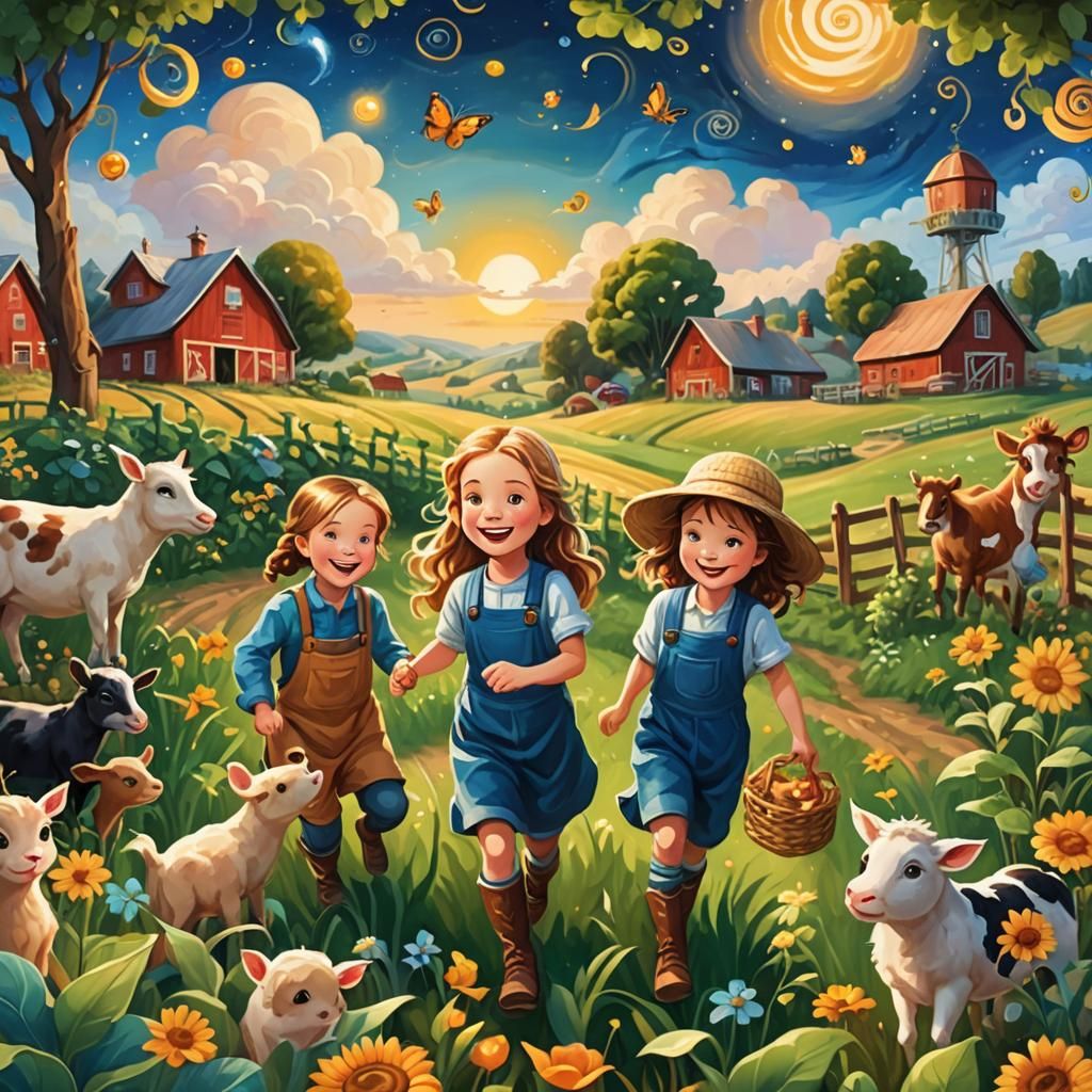 Dreamlike Farm Logo: Children Playing, Oil Painting
