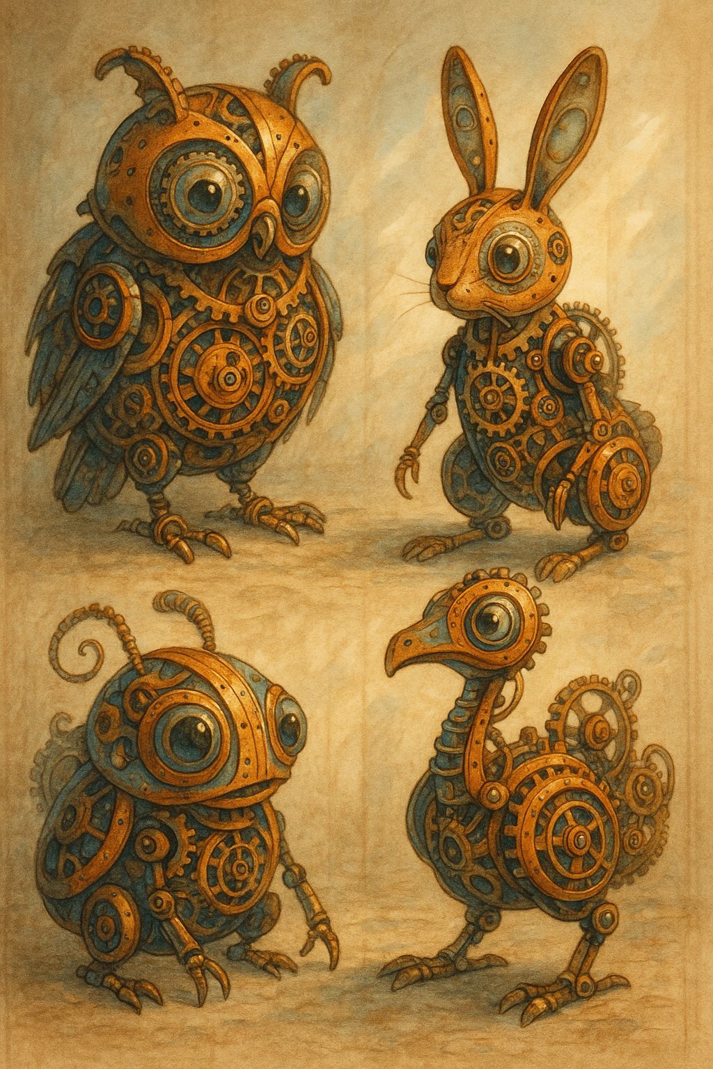 Steampunk Clockwork Creatures in Sepia and Blue