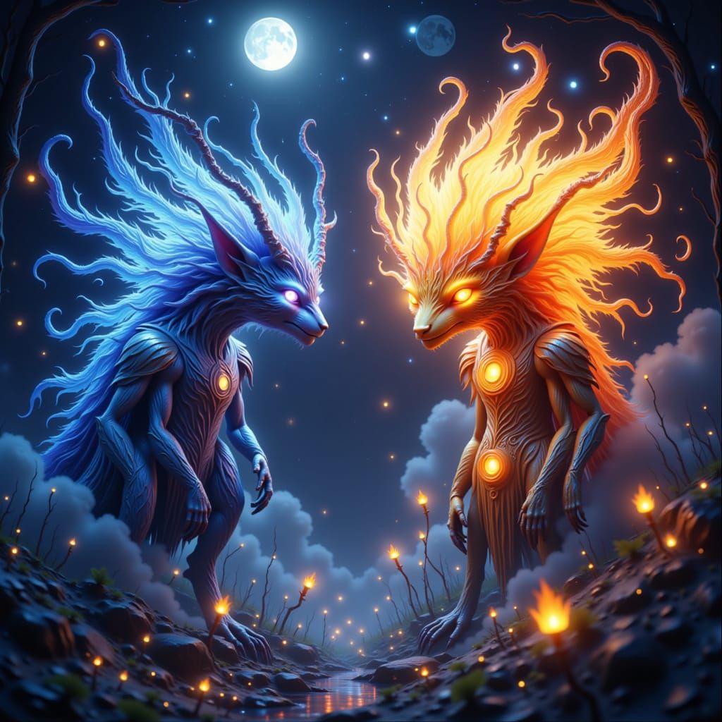 Moon and Sun Creatures Meet in Celestial Encounter