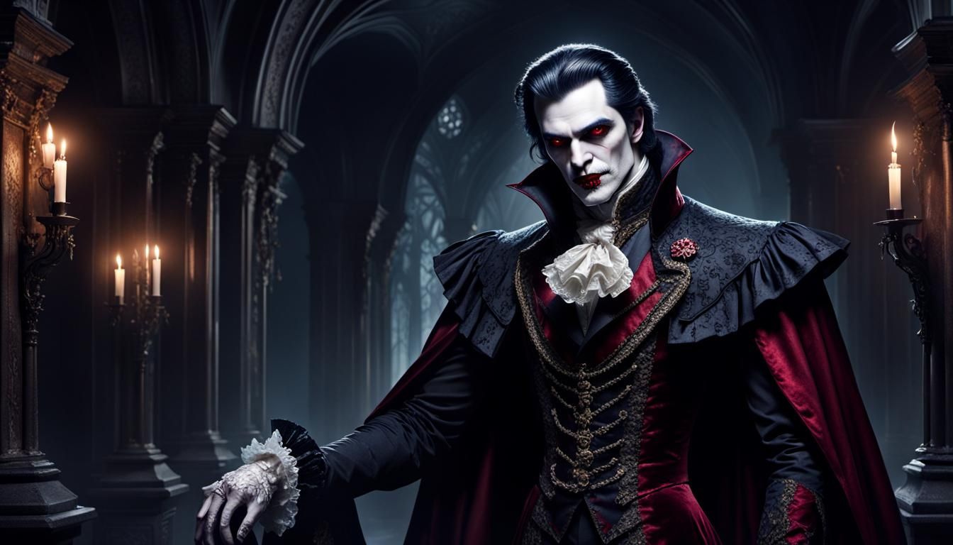 Eerie Vampire in Baroque Crypt: A Haunting Portrait