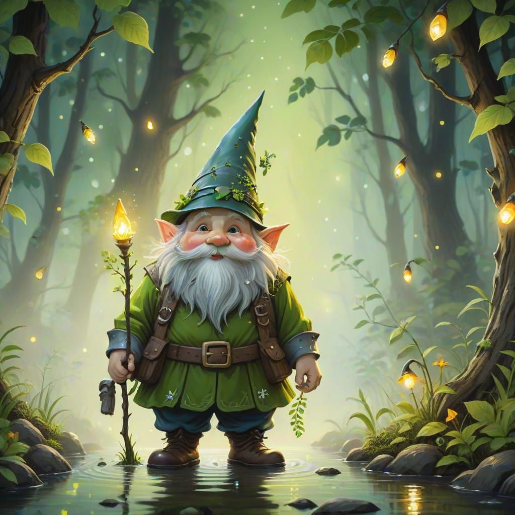 Gnome Portrait in Forest, Gouache Style