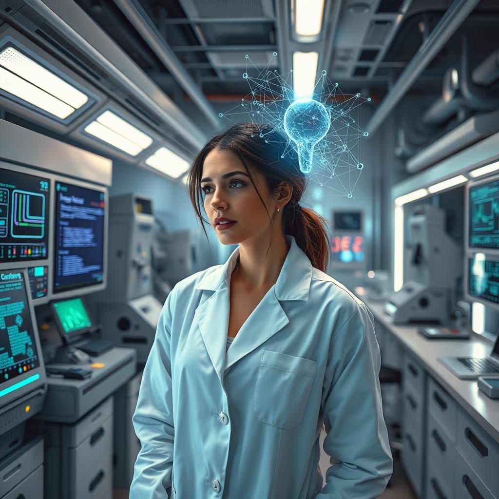 Futuristic AI Scientist in Modern Laboratory