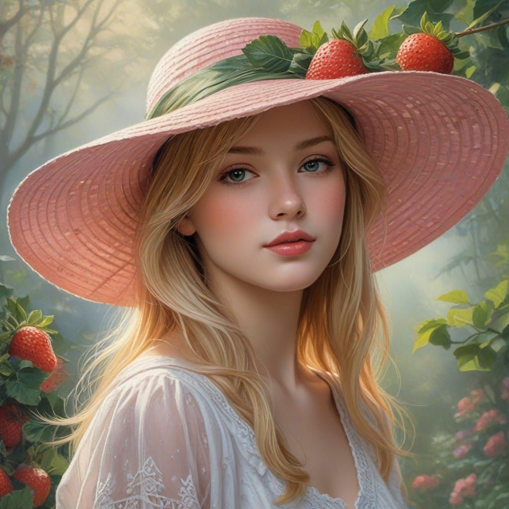 Blonde Woman with Strawberry Hat in Dreamy Pastel Fantasy