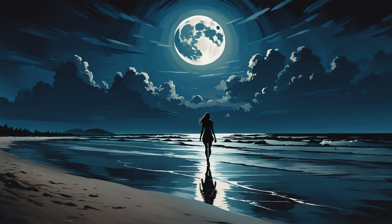 Abstract Silhouette: Woman on Beach at Night