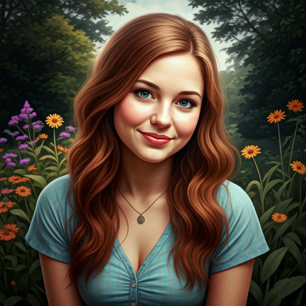 Charming Southern Woman in Lush Landscape Oil Painting