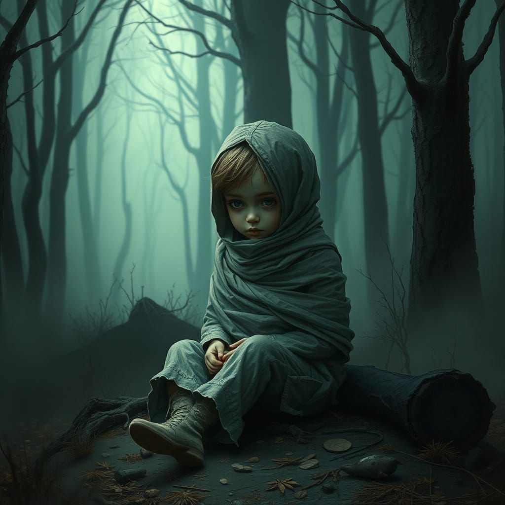 Abandoned Child in Mystical Forest Landscape