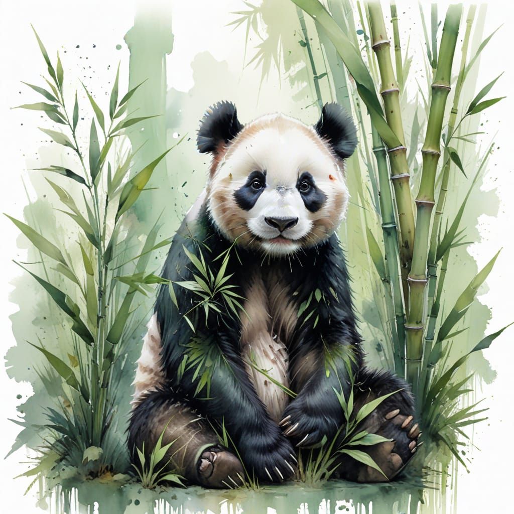 Giant Panda in Watercolour Among Bamboo
