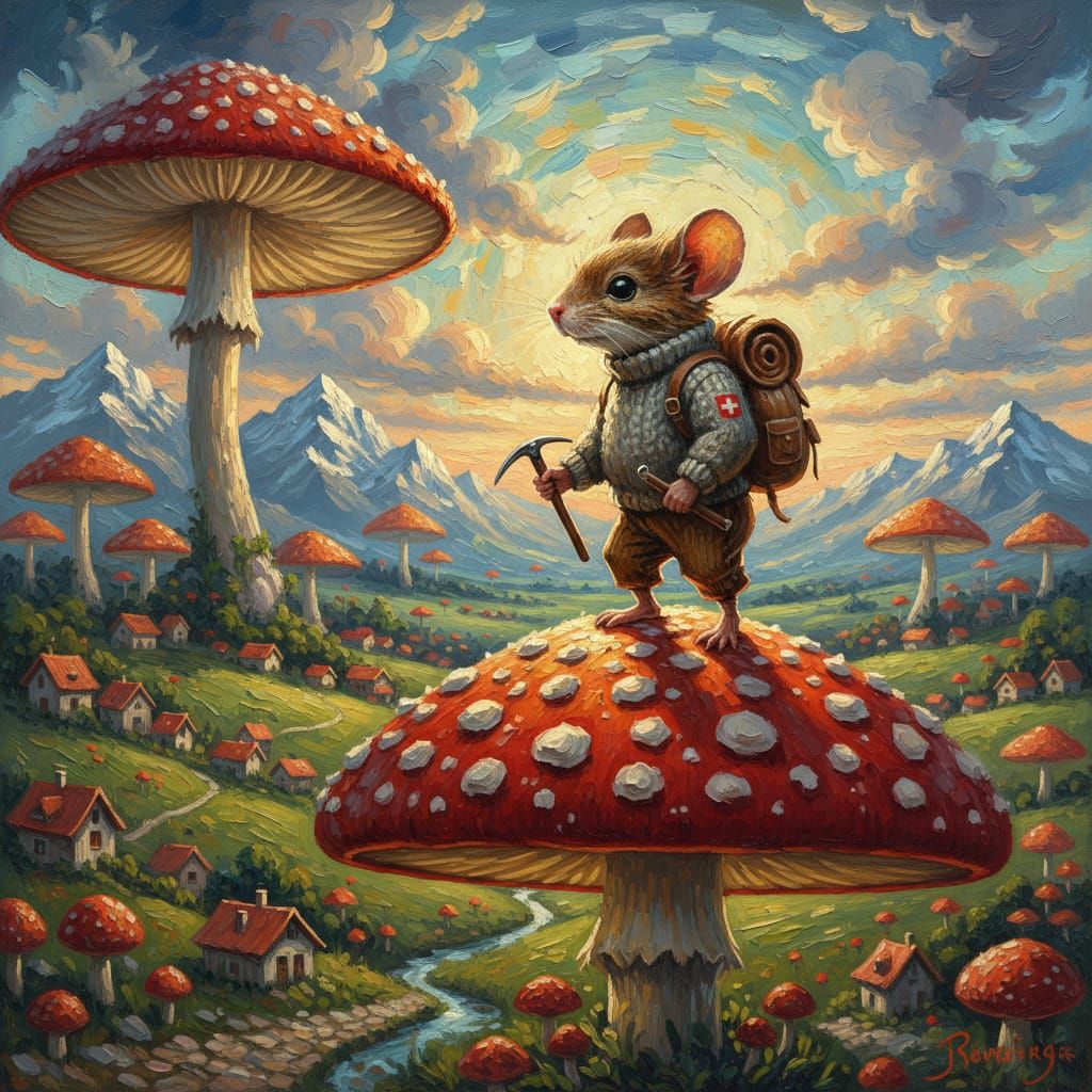 Mouse Climber Surveys Alpine Mushroom Landscape