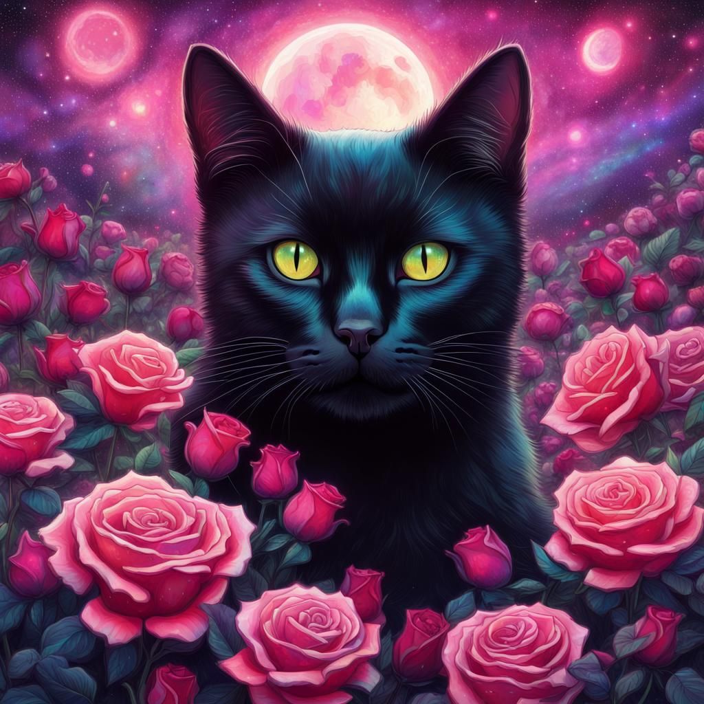 Cute Black Cat in Rose Meadow: Astral Illustration