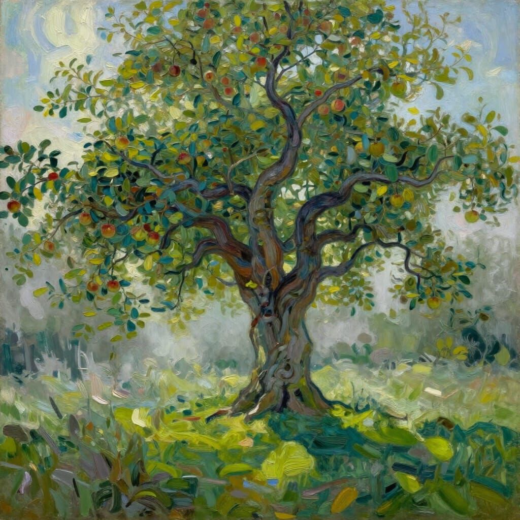 Ancient Gnarled Apple Tree in Misty Forest Clearing