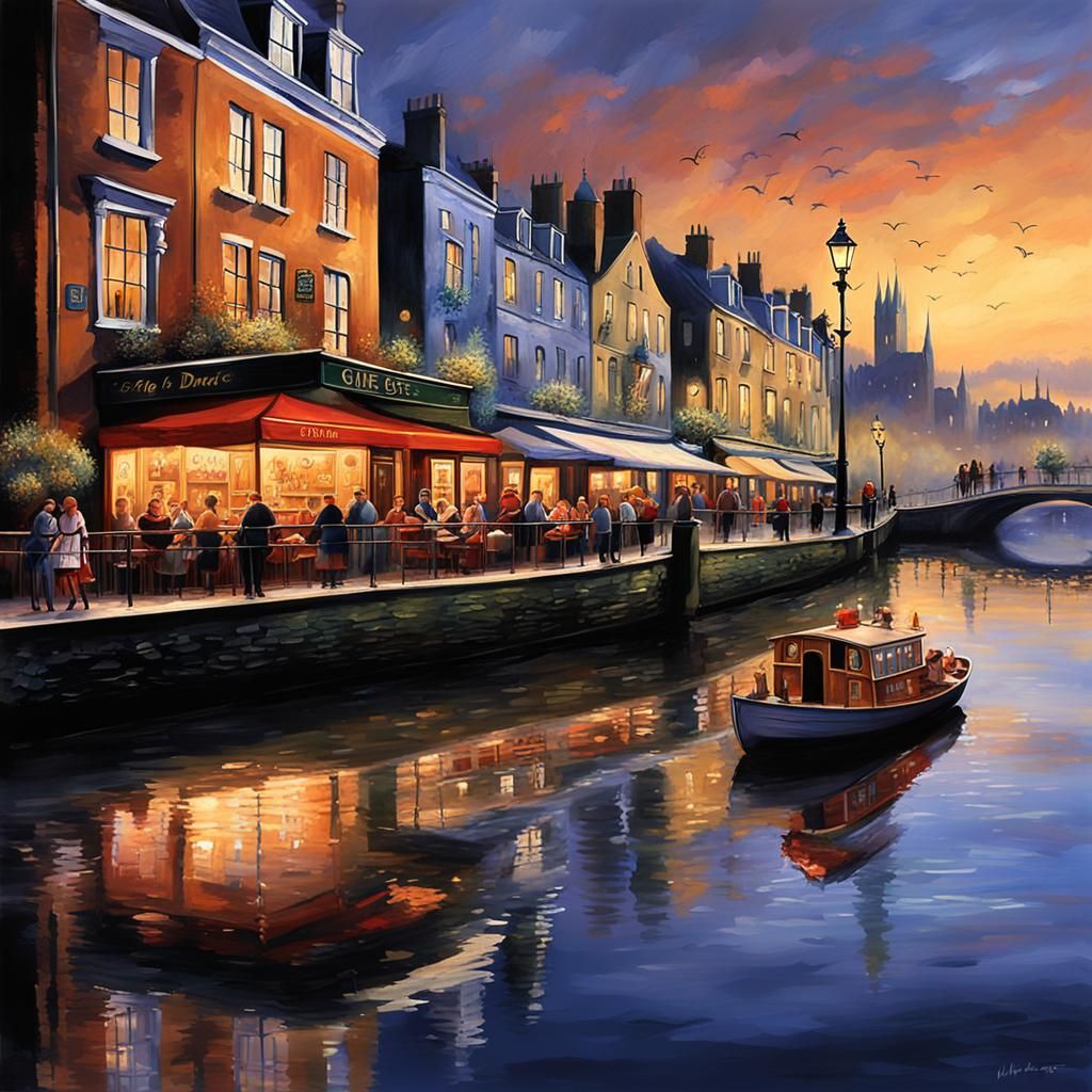 Riverside Cafes and Bars with Elves, Impressionist Style