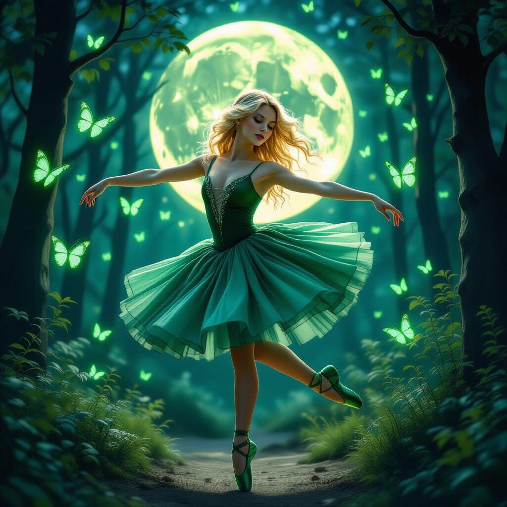 Ballerina Dancing with Neon Butterflies: Mucha Style