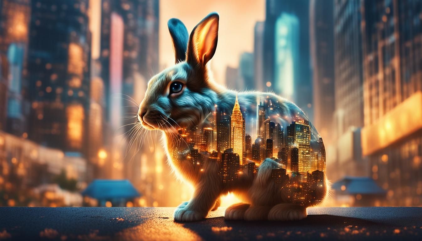 Bunny in Night City Double Exposure Photograph