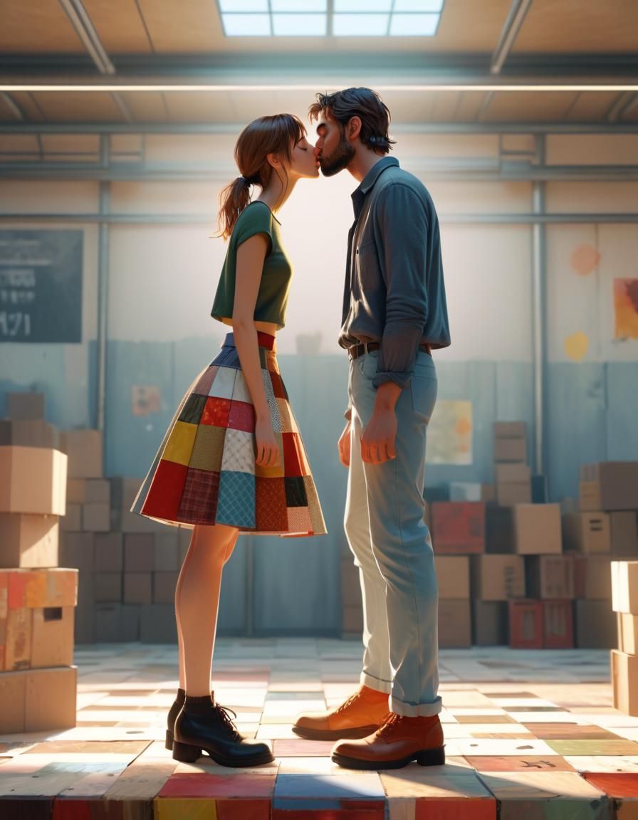 Kissing Couple: Patchwork Outfit in Hyperrealistic Comic Art