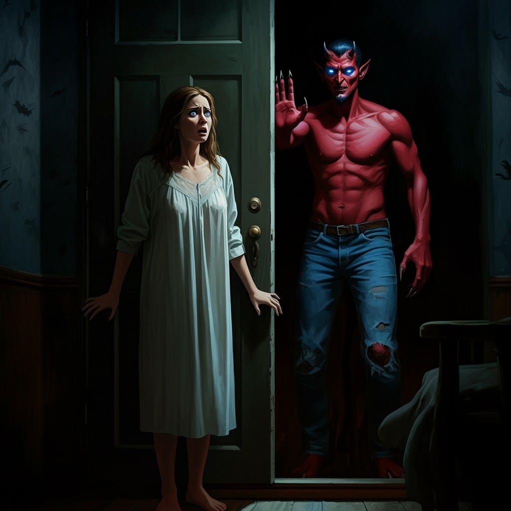 The Devil Lurks in Shadows with Frightened Woman, Nighttime....