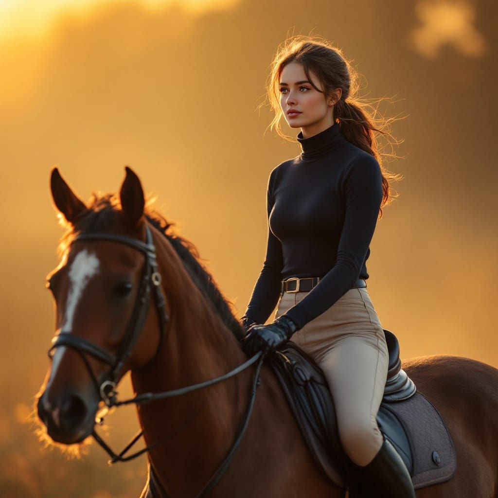 Woman Rides Horse in Sunset Field in Equestrian Attire