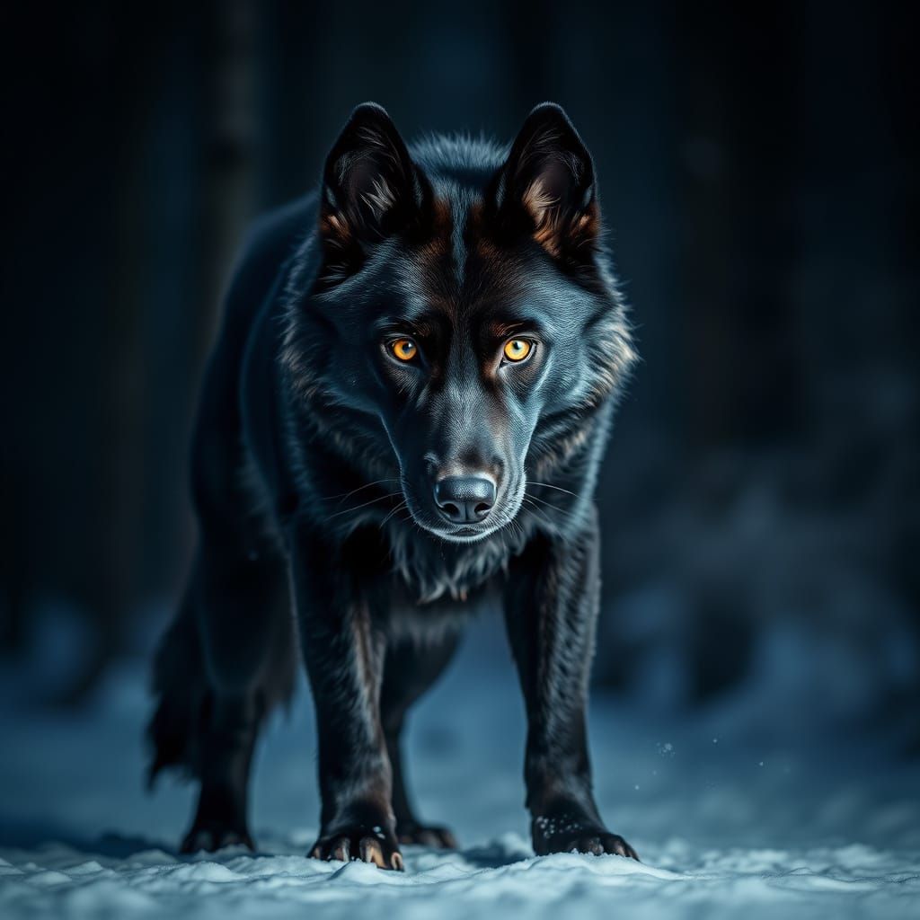 Majestic Black Husky in Snowy Forest Clearing