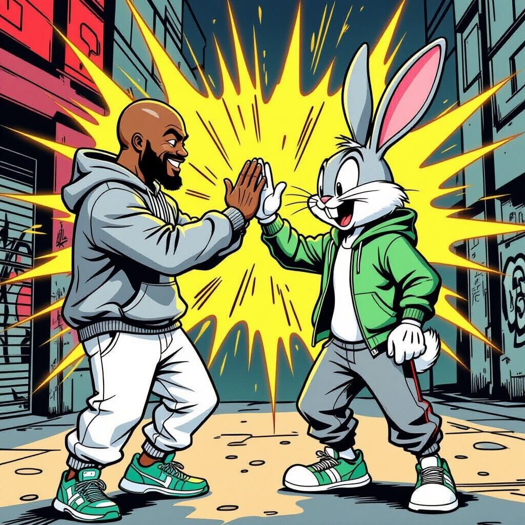 Bald Black Man High-Fives Bugs Bunny in Comic Style