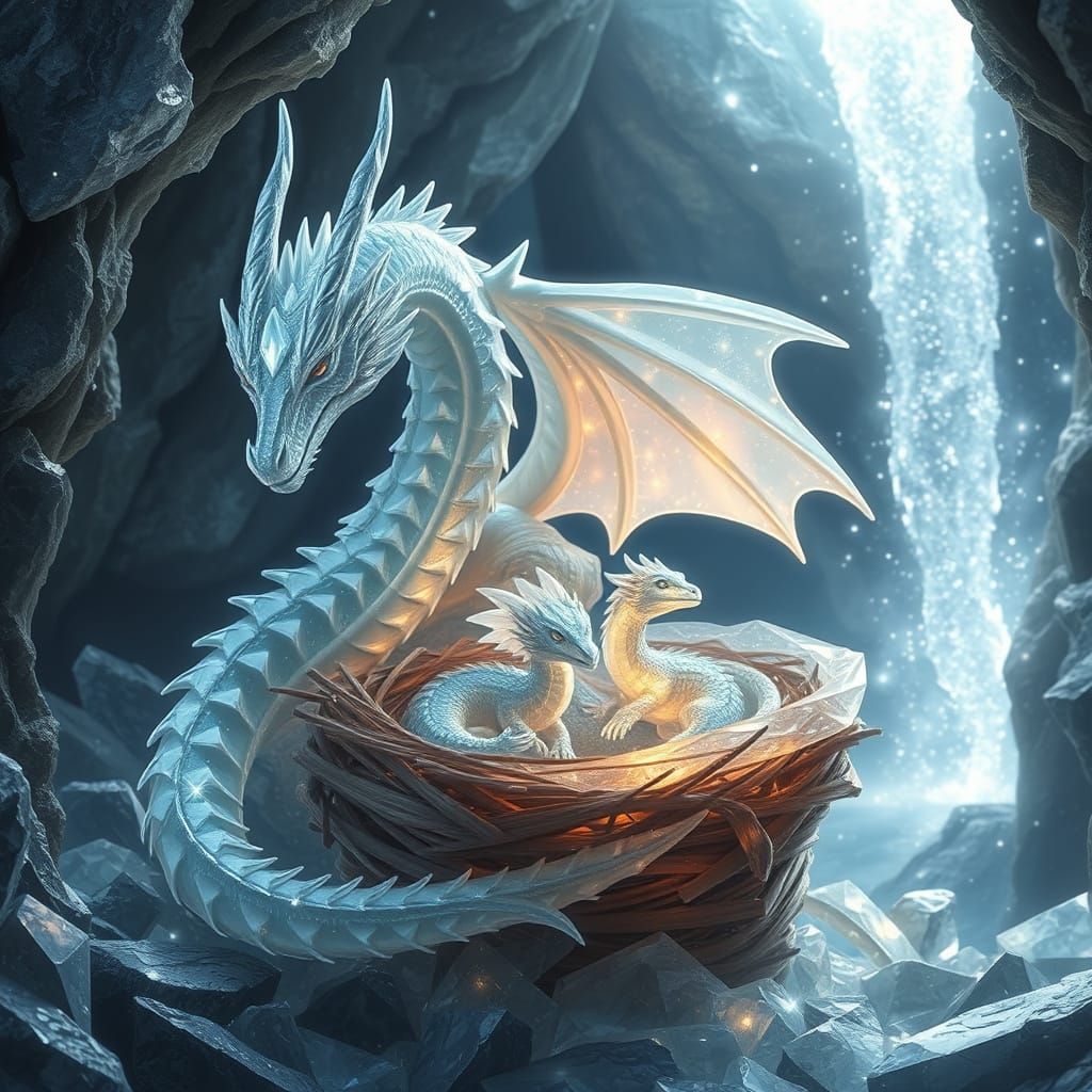 Crystal Dragon Family in Cave with Waterfall