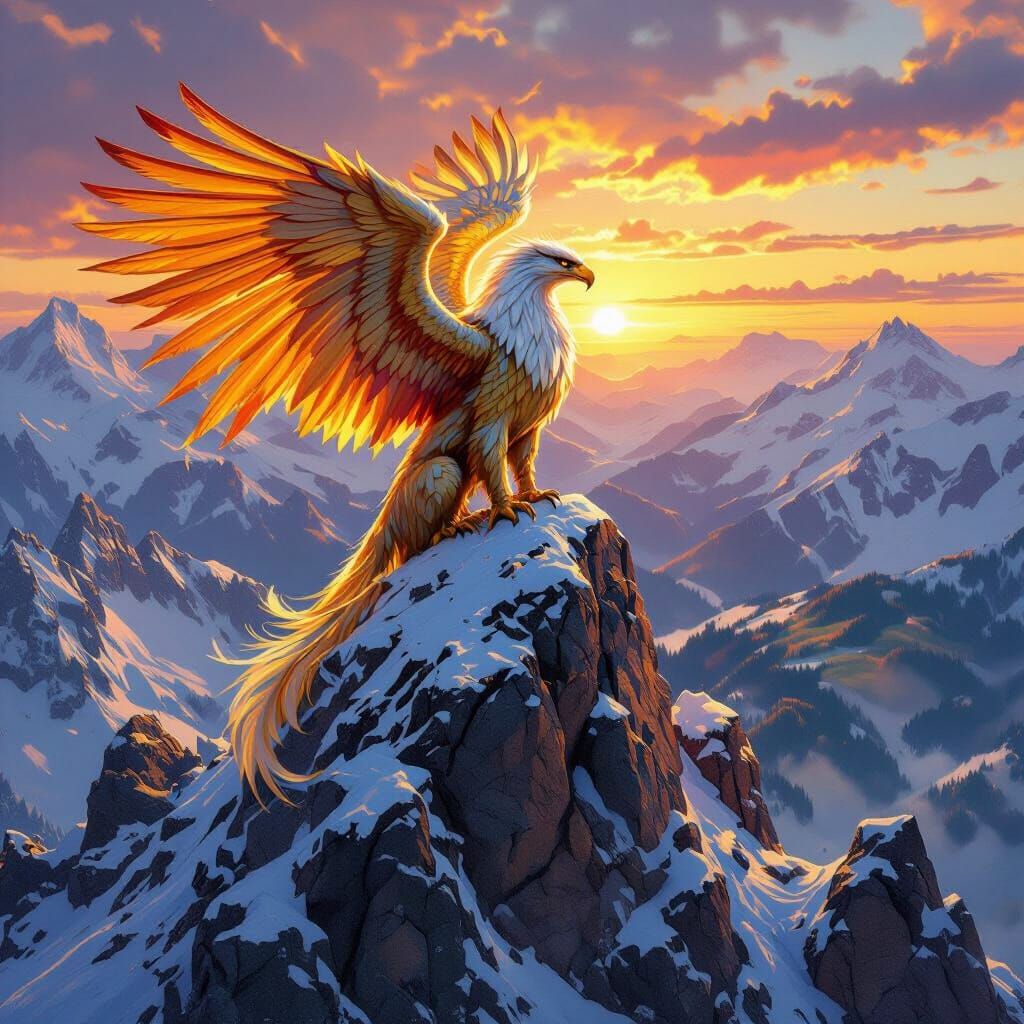 Golden Griffin on Snow Mountain in Fantasy Art Style