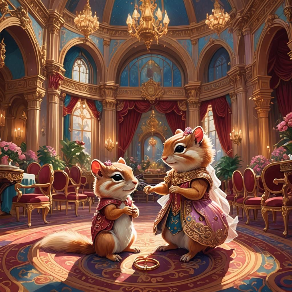 Chipmunk Proposal in Elegant Fantasy Ballroom, Digital Art