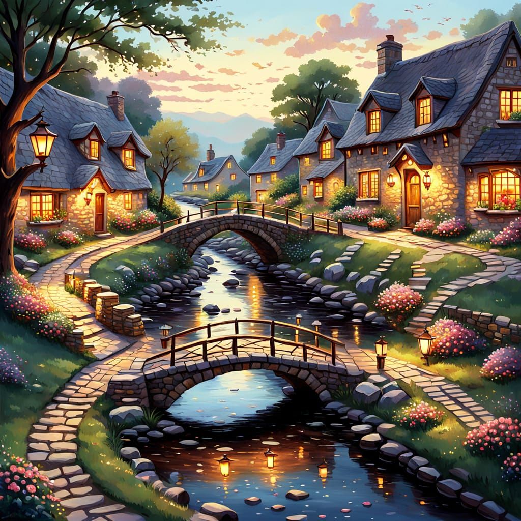 Charming Village Stream in Kinkade Style Gouache Painting