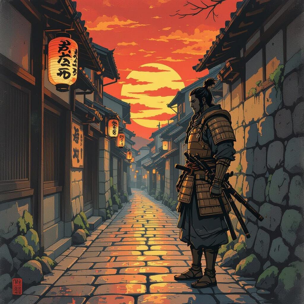 Samurai Warrior at Sunset in Japanese Alleyway