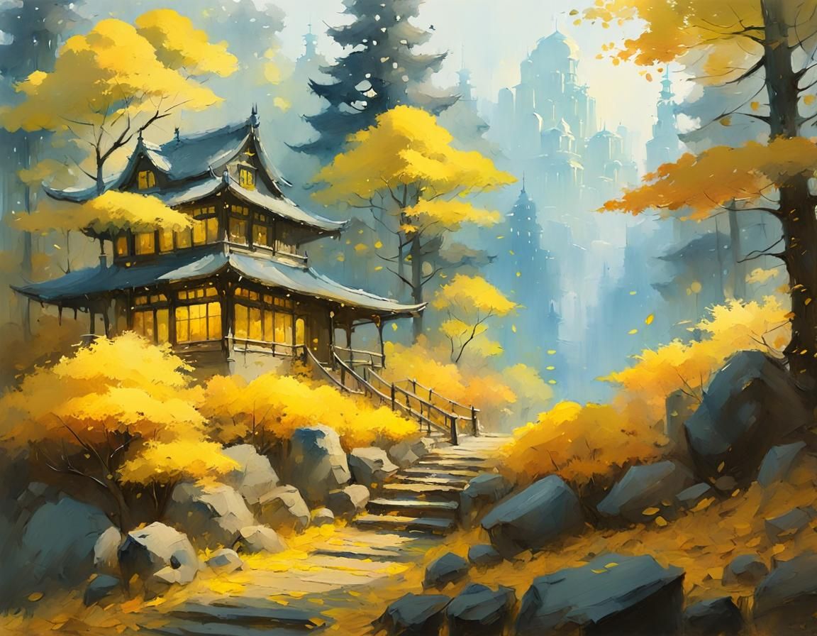 (a autumn forest; yellow leaves; yellow:1.2);watercolor call...