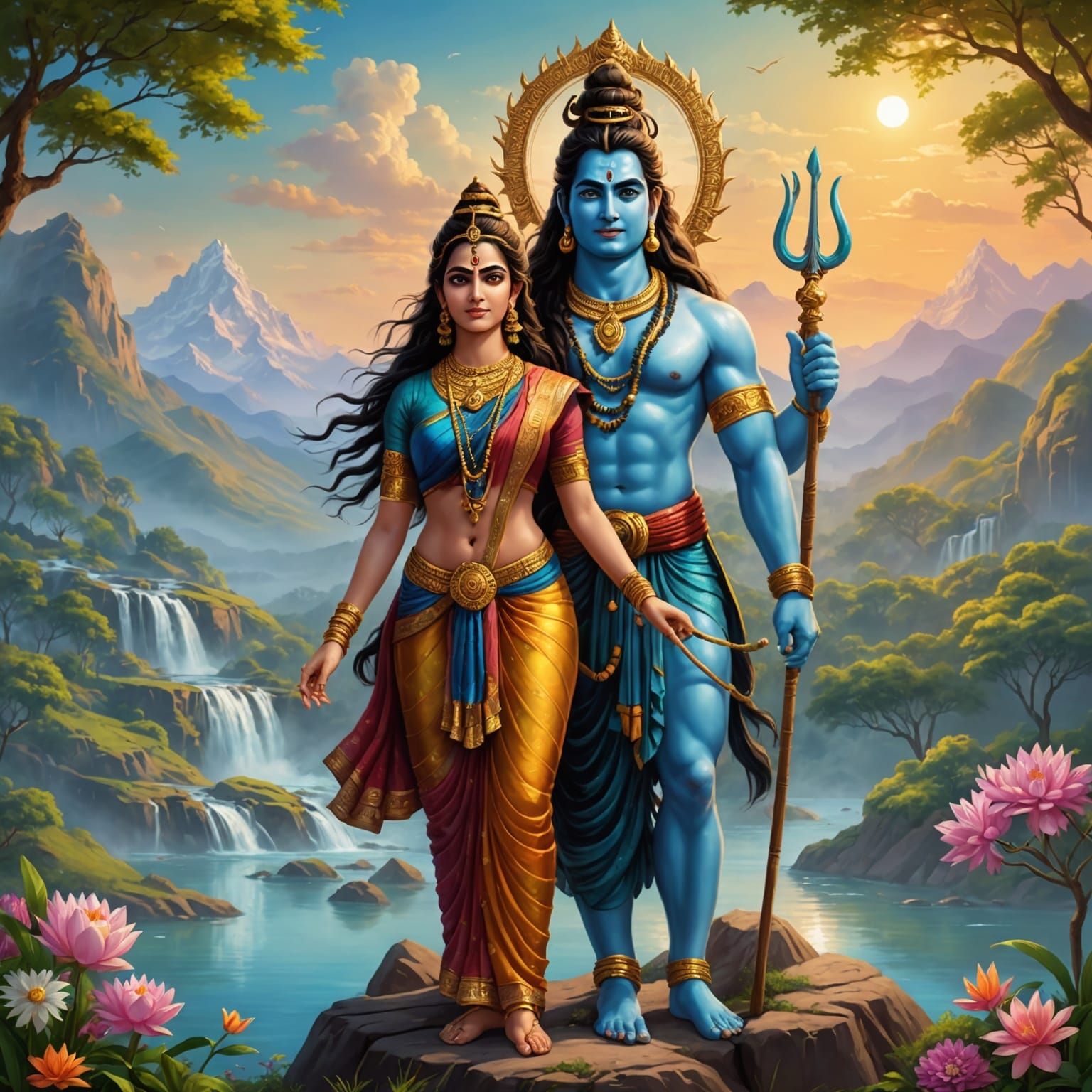 Shiva and Parvati Romantic Scene in Digital Painting