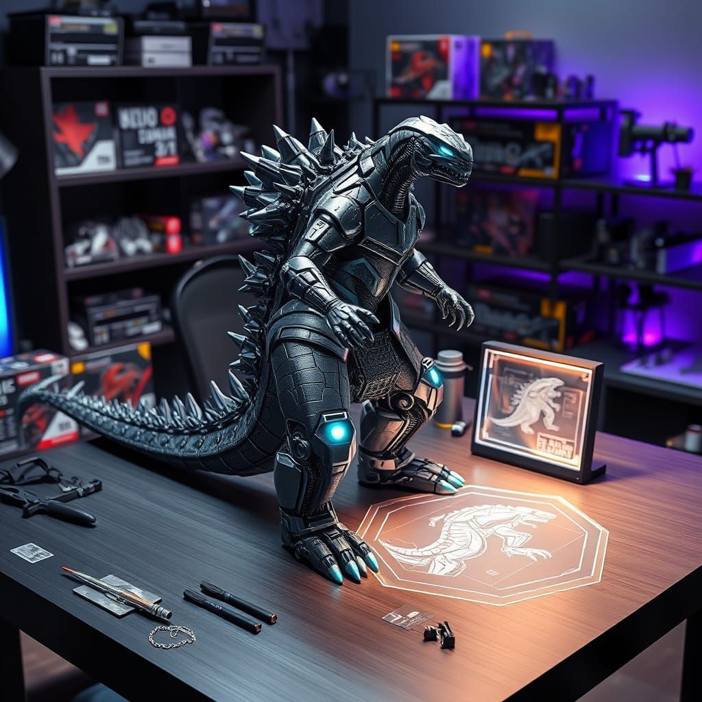 Cyberpunk Mecha Godzilla Model Workshop in High-Tech Detail