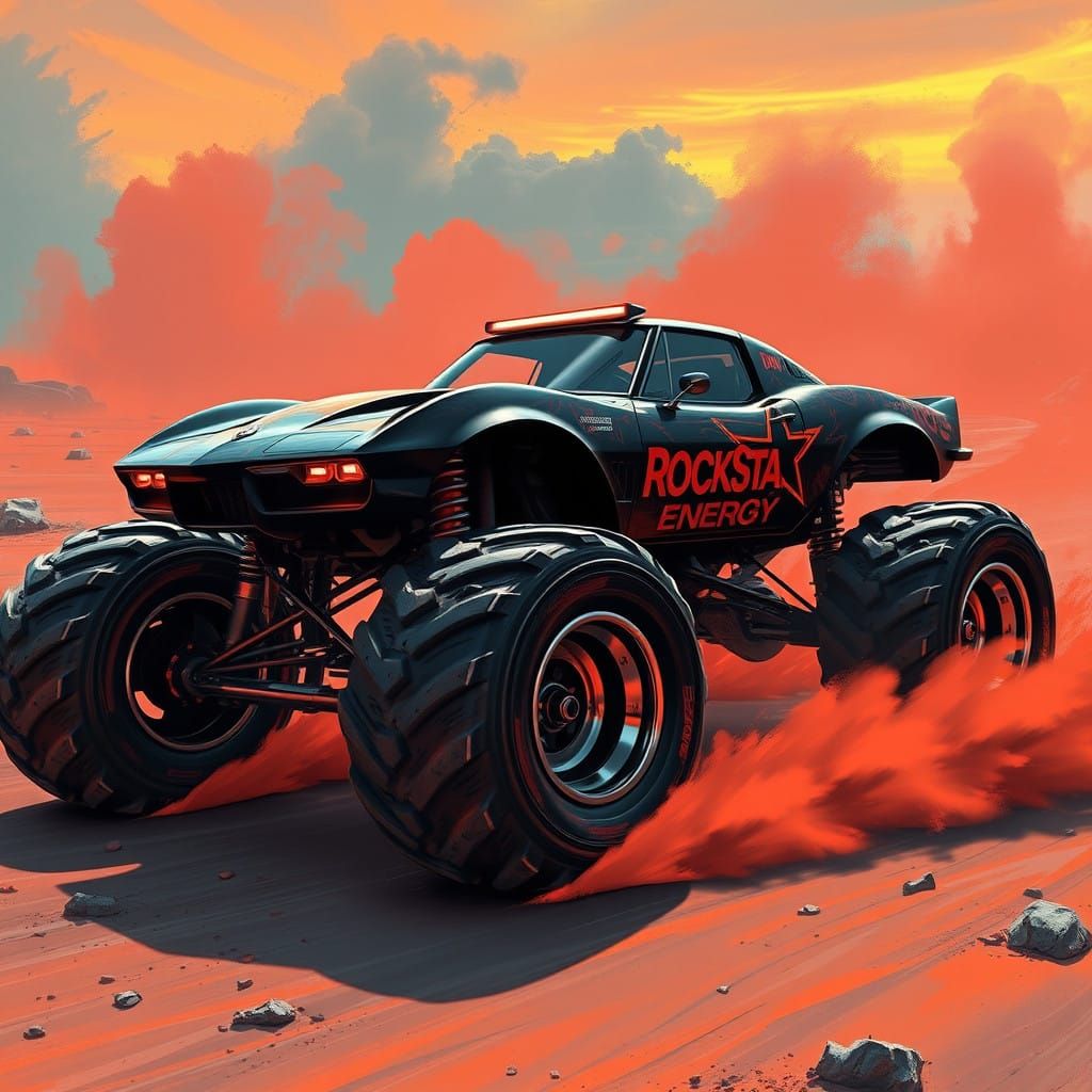 Cyberpunk Corvette Monster Truck in Apocalyptic Landscape