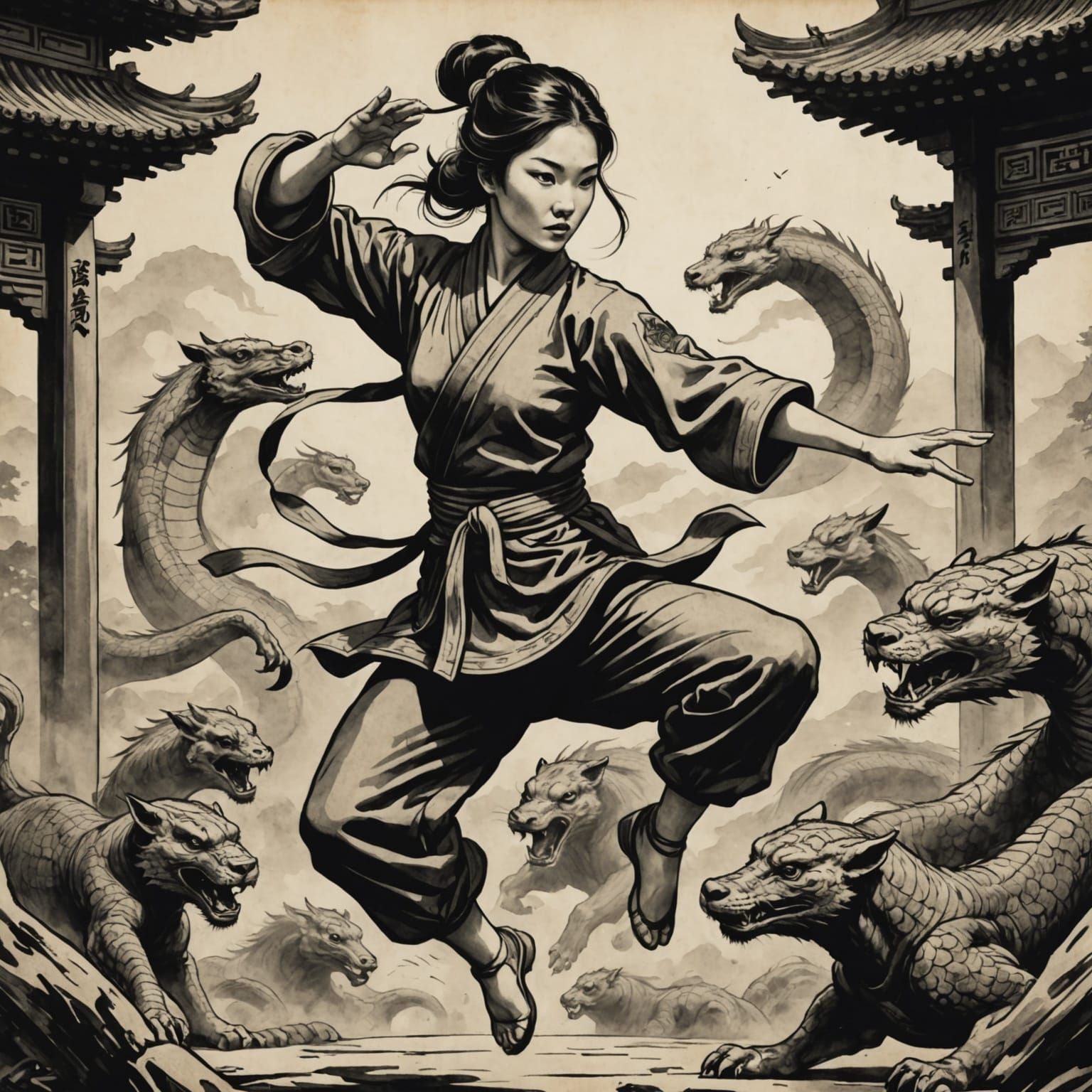 Kung Fu Dancer with Animal in Vintage Anime Ink Style