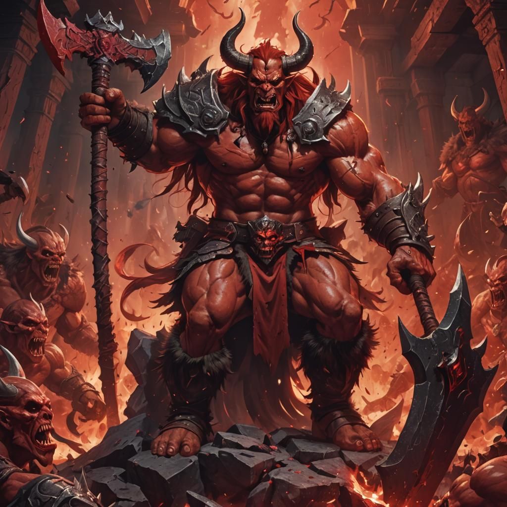 Wrathful Demon Barbarian King in Hellish Throne Room