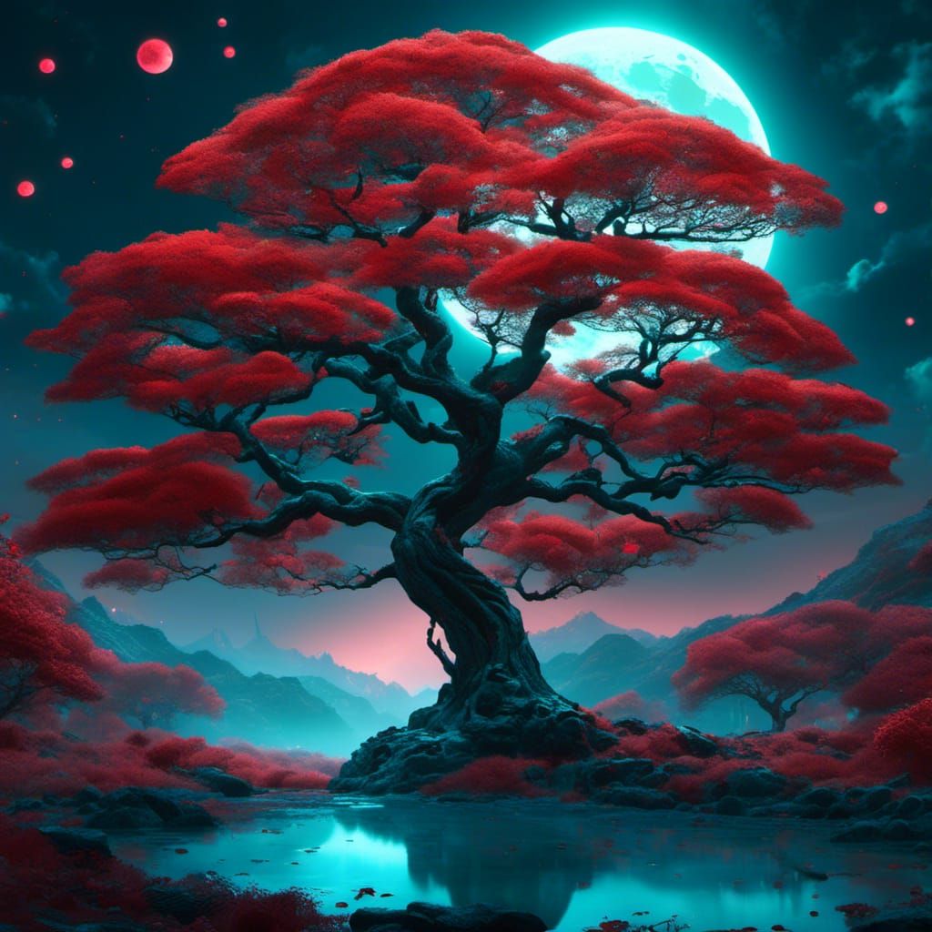 Red Tree and Moon Fantasy Art