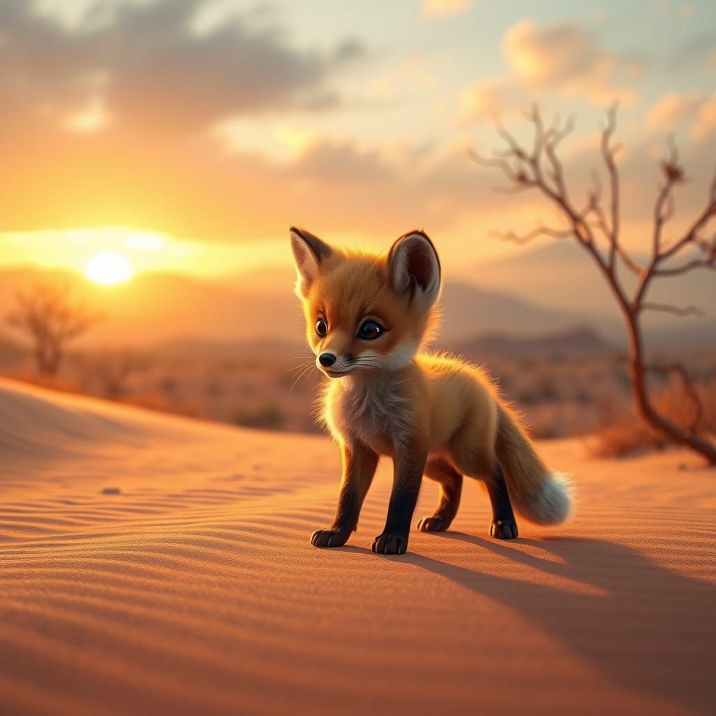 Whimsical Fox in Golden Sunrise Landscape