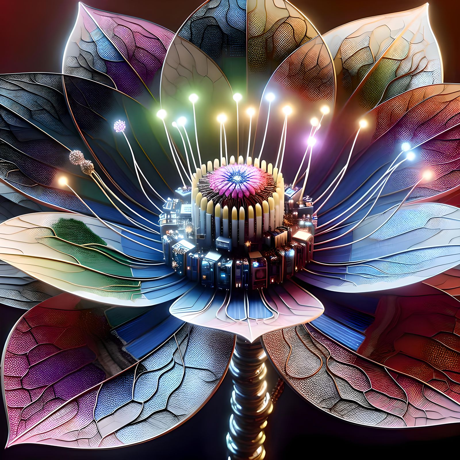 Cybernetic Flower with Solar Petals and Glowing Circuits