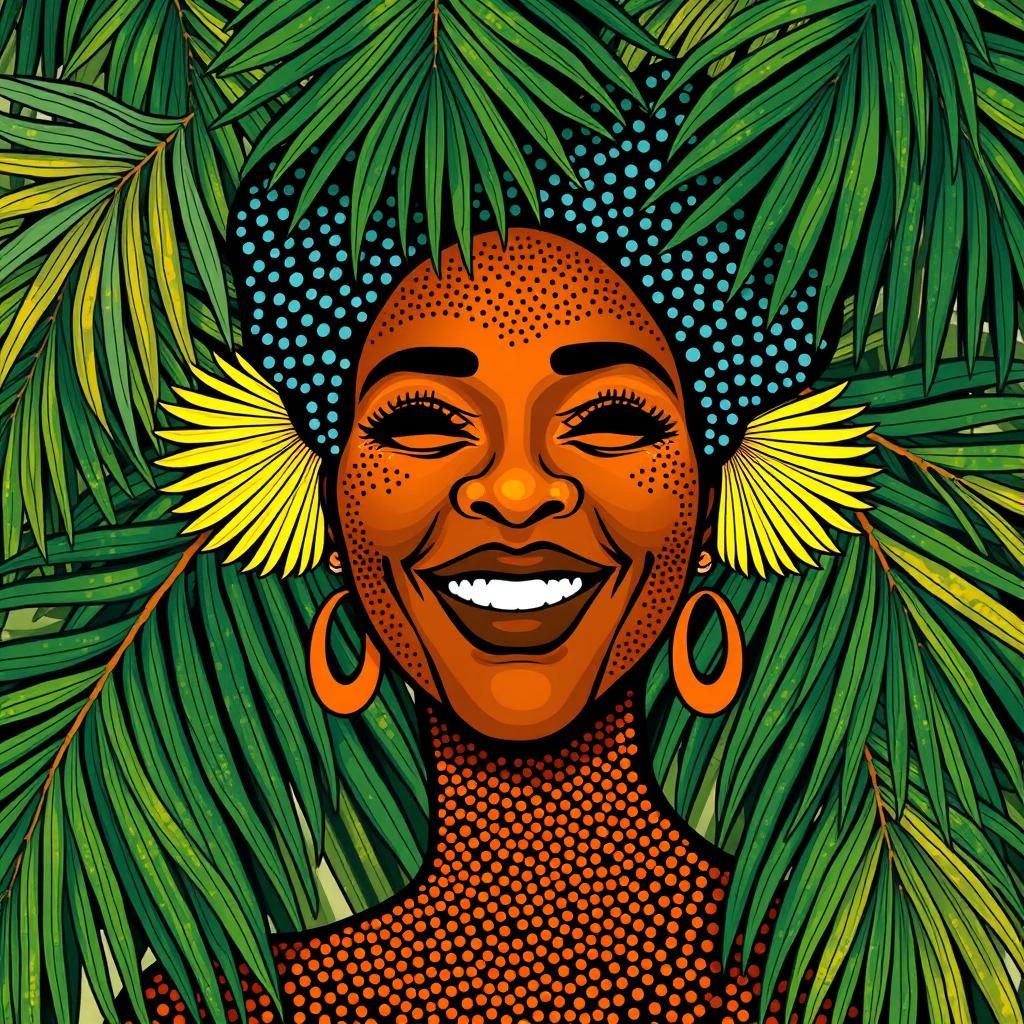 Exotic Palm Frond Portrait in Fauvist Dot Painting Style