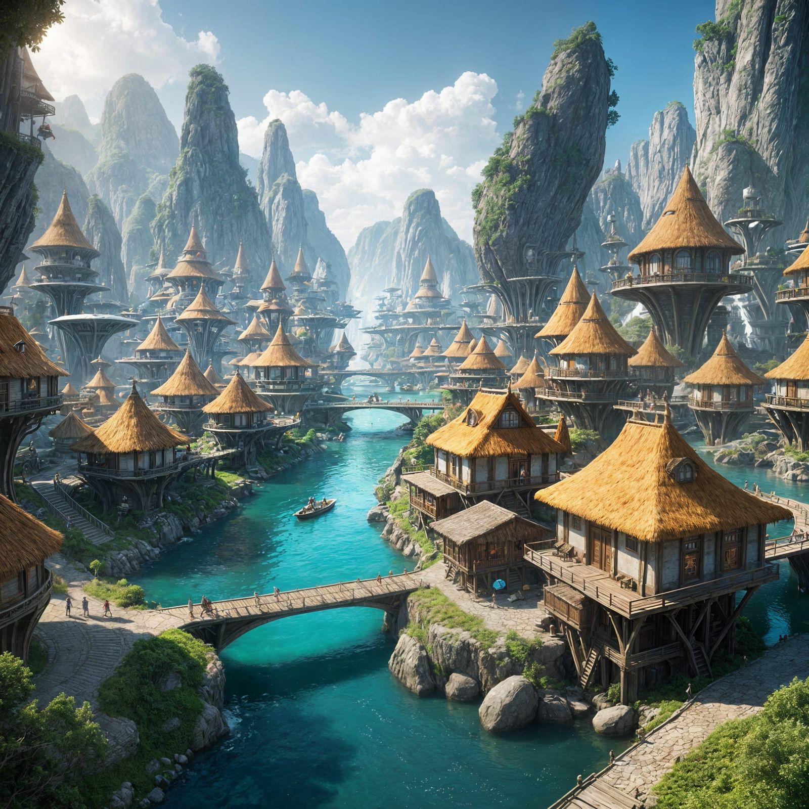 Futuristic fantasy river village