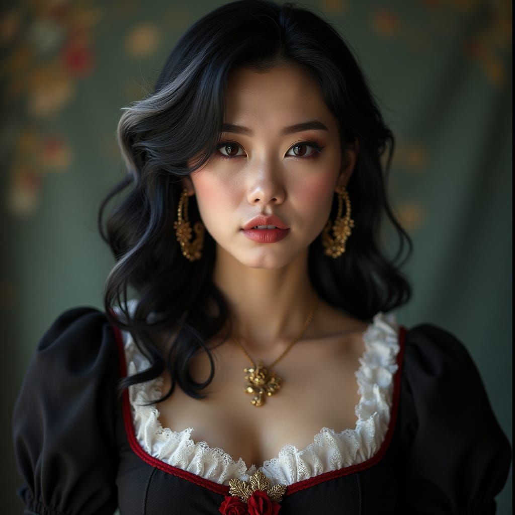 Gothic Chinese Artist with Vibrant Hair in Victorian Dress