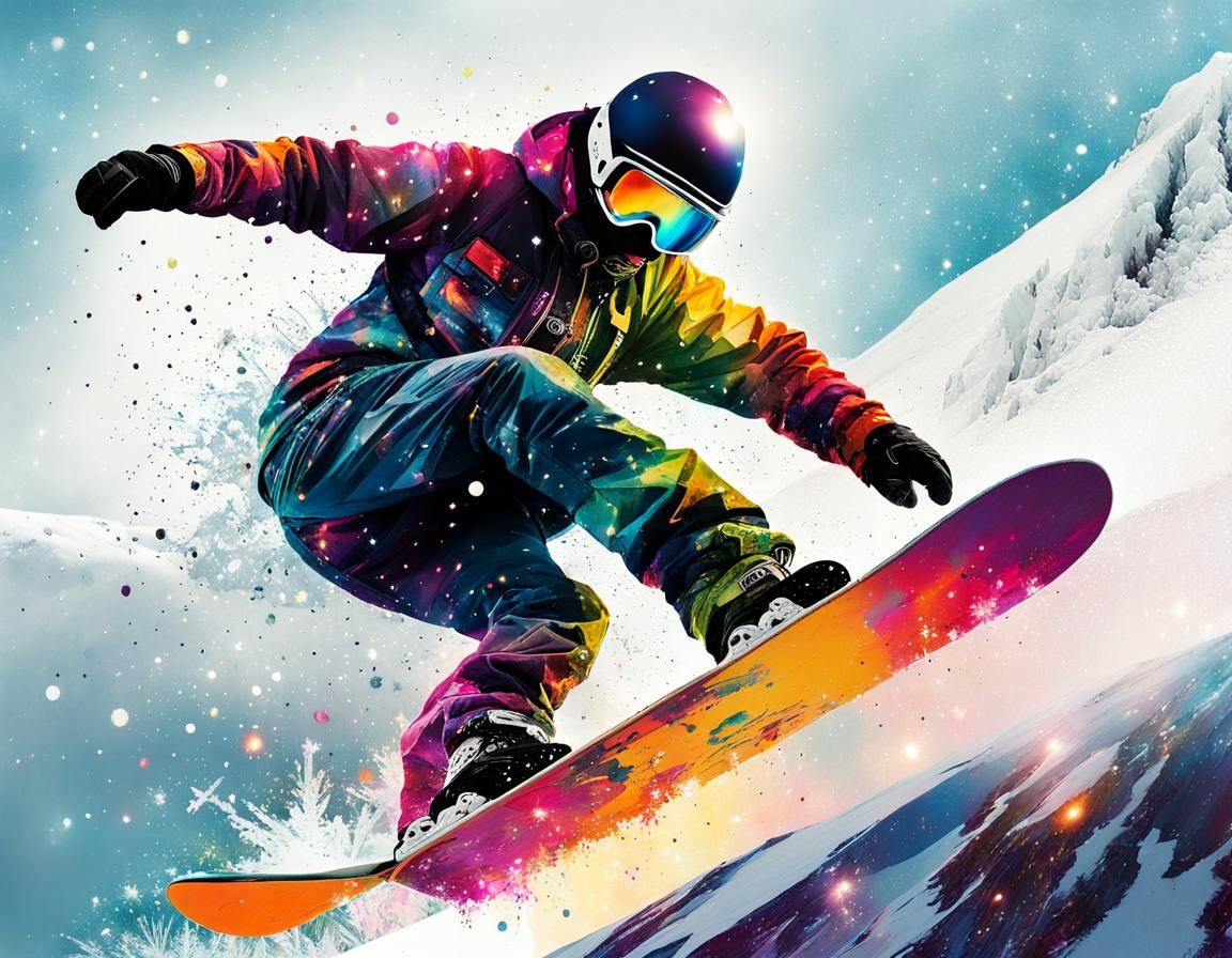 Snowboarder in Galaxy Snowscape: Hyperdetailed Surrealism