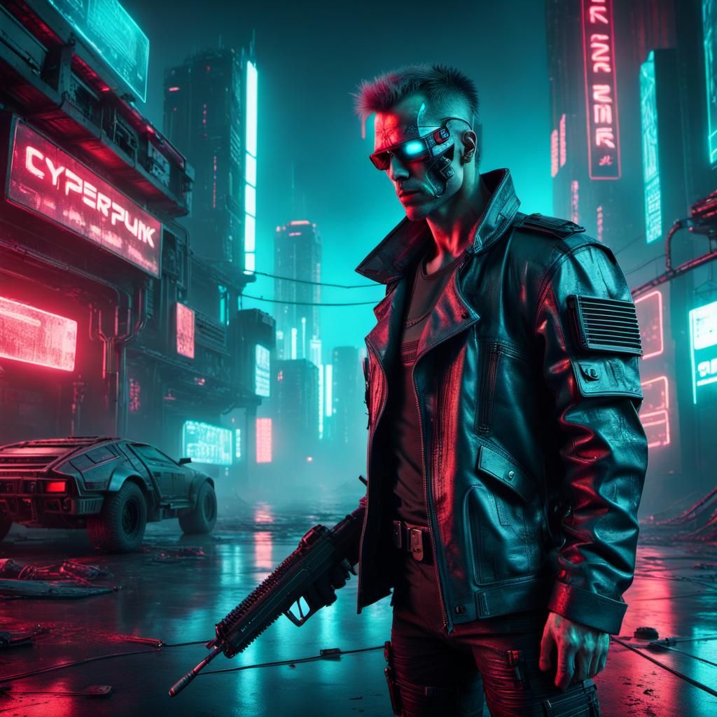 Cyberpunk Terminator in Neon-Lit Sci-Fi Setting