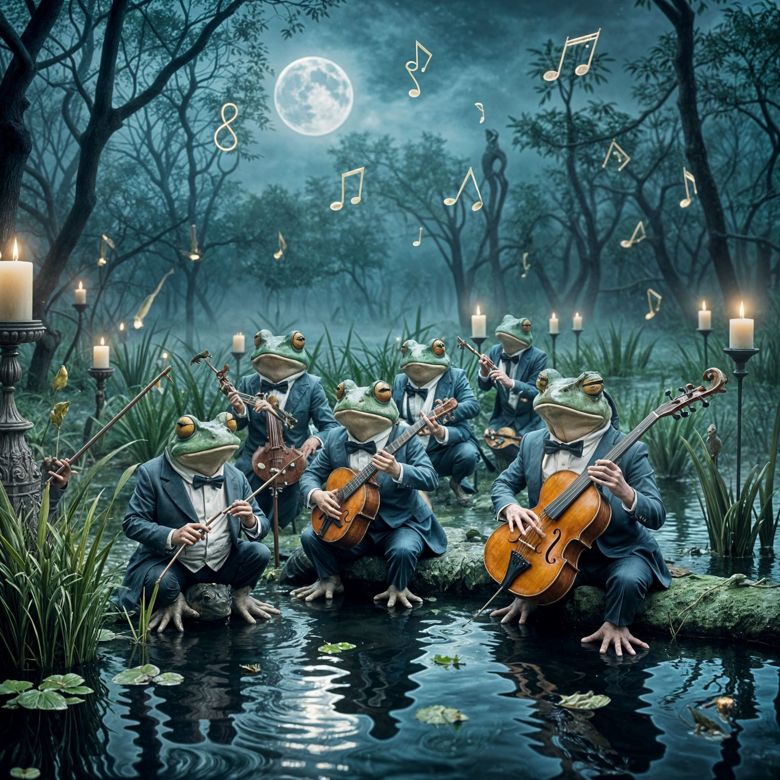 Frogs Orchestra in Misty Swamp Under Moonlight
