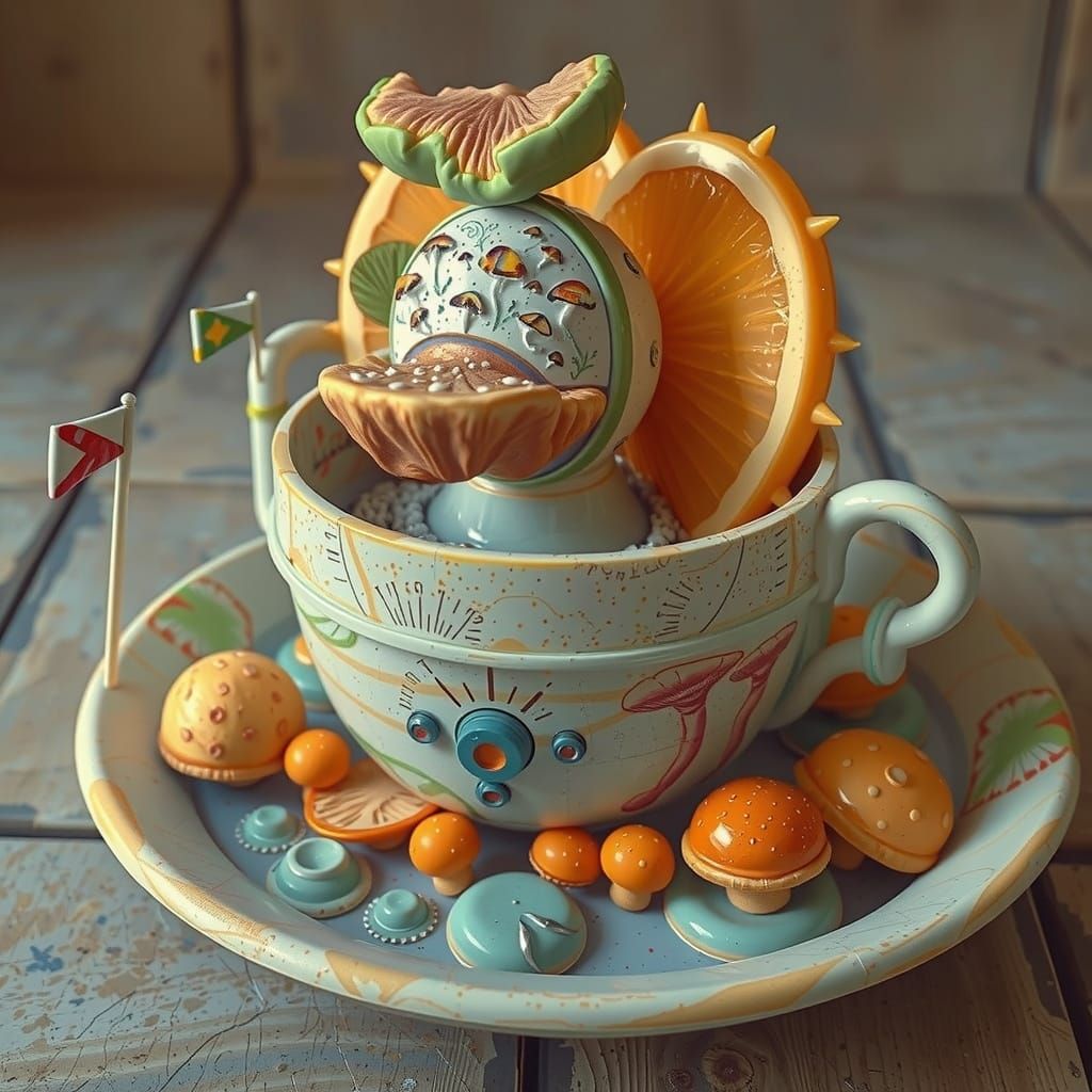 Hyperreal Mushroom Sculpture in Brutalist Setting