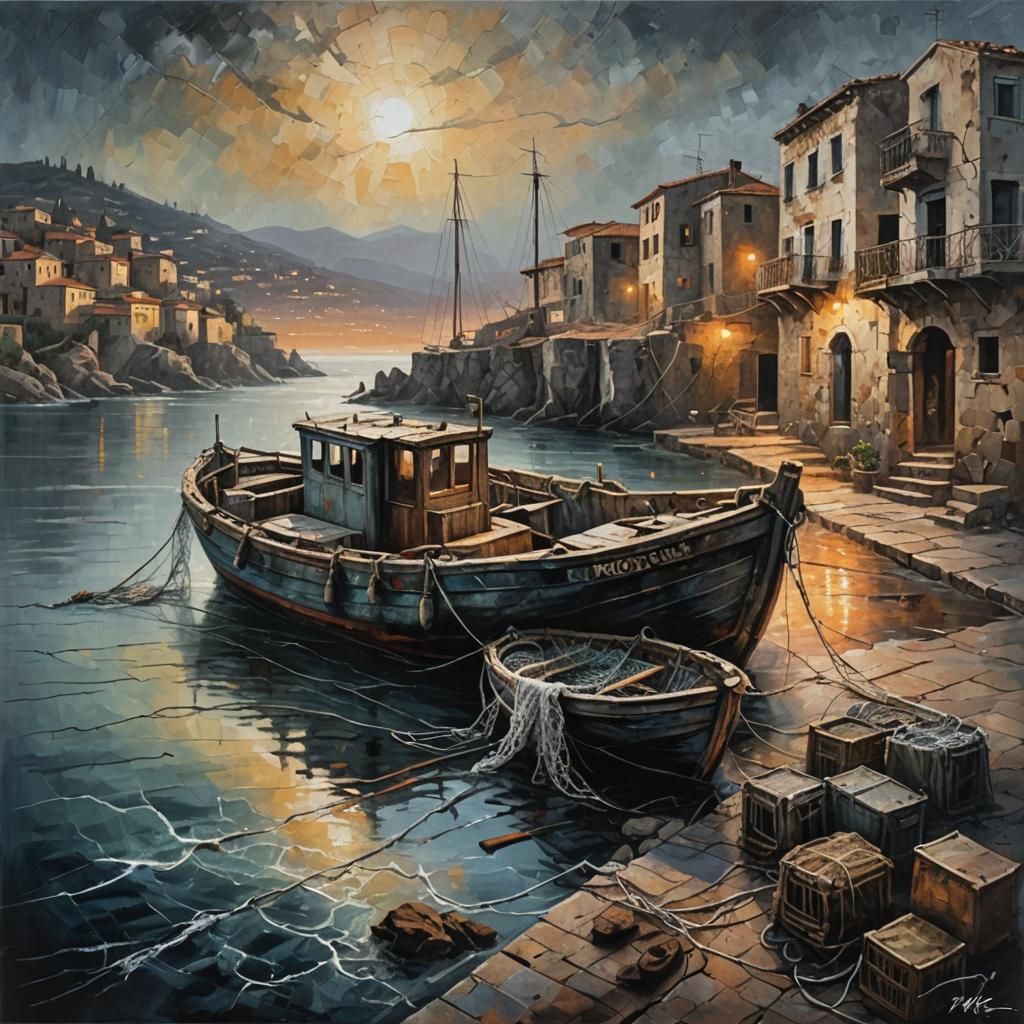 Fishing Boat at Sunrise: Acrylic Painting