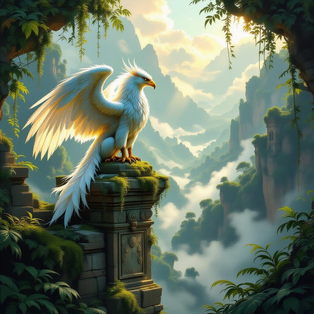 Majestic Griffin Overlooking Misty Valley in Fantasy Art Sty...