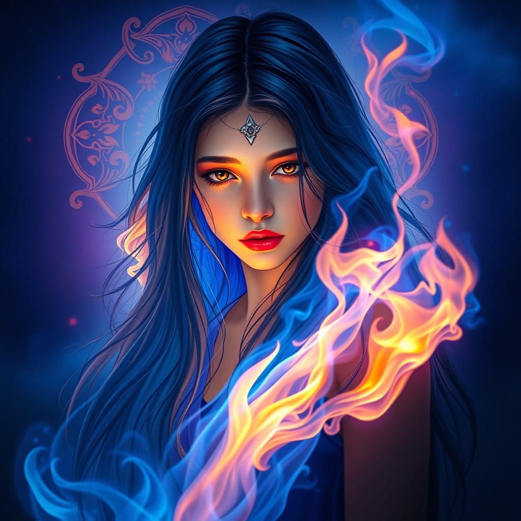Girl Enveloped in Vibrant Blue Flames