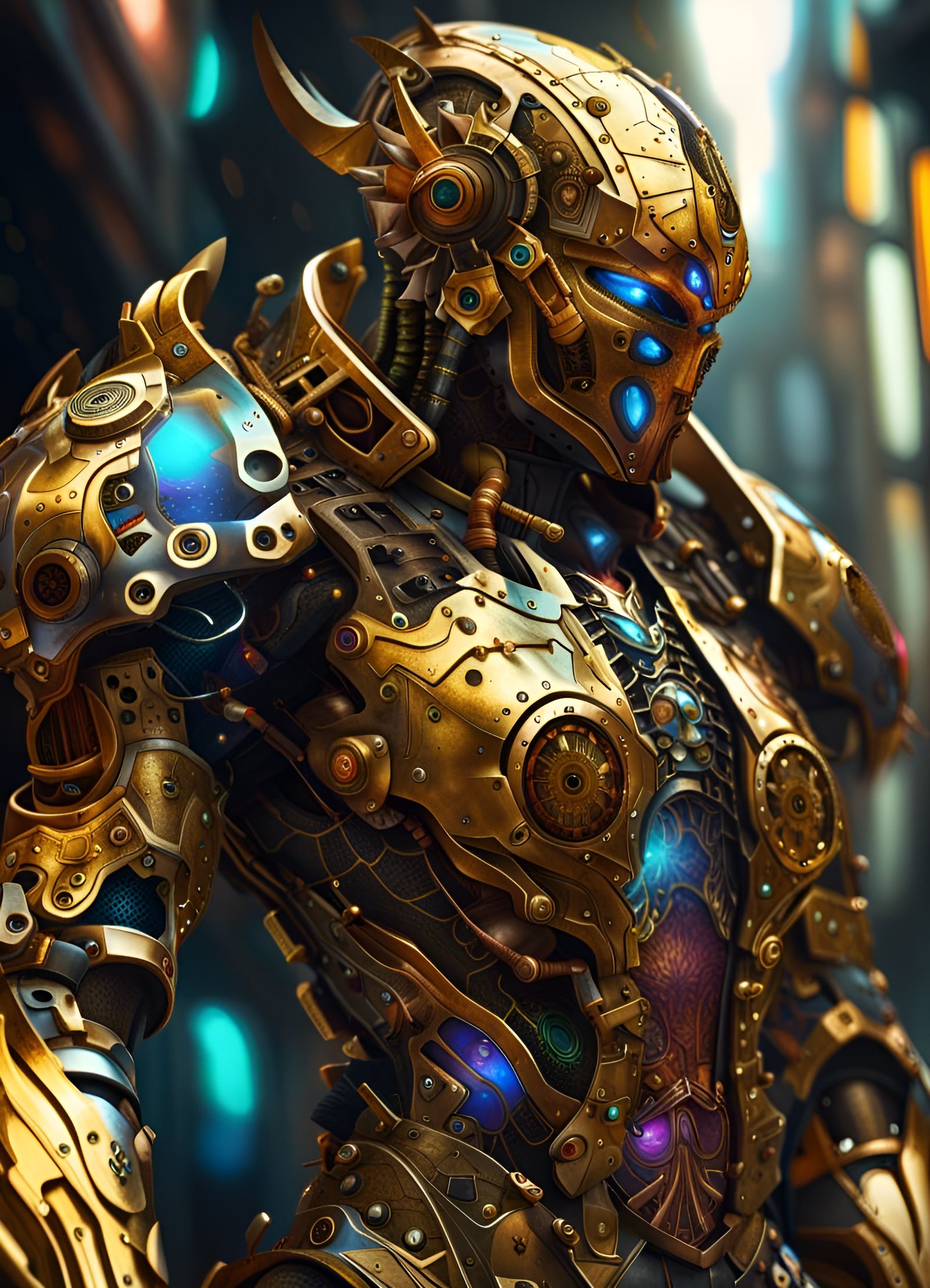 Biomechanical Golden Armor: Cyberpunk Cyborg Warrior