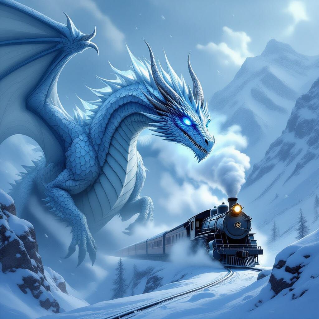 Majestic Ice Dragon Soars Over Vintage Train in Blizzard